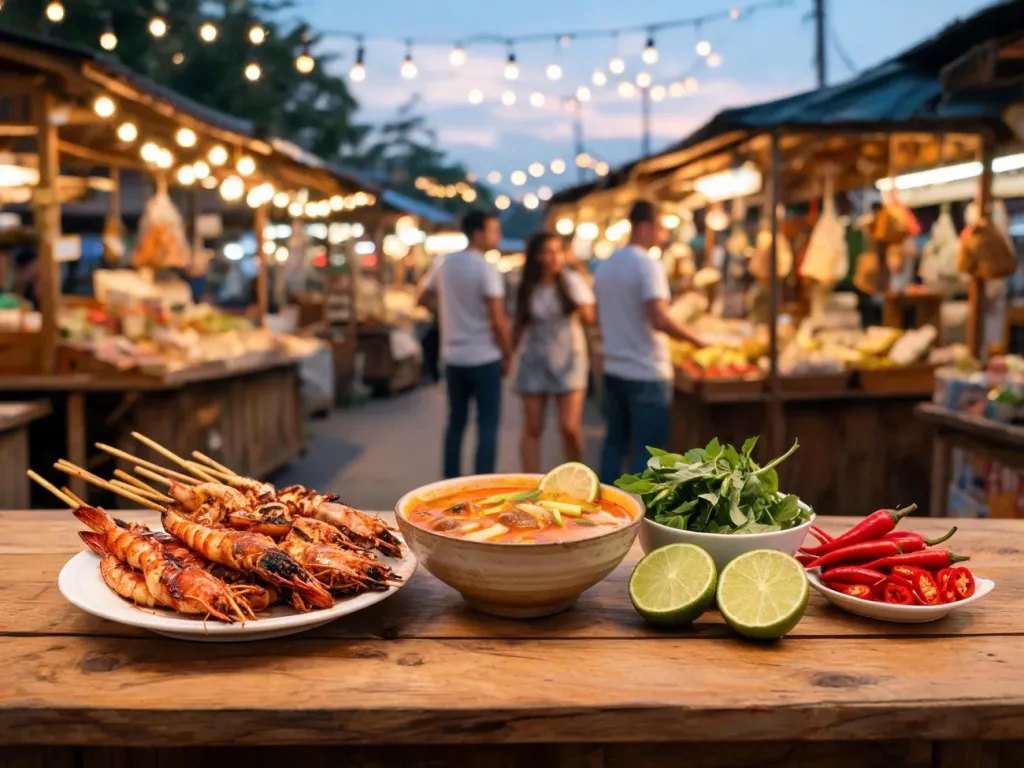 Stragan z tajskim street foodem w Pattayi: grillowane owoce morza, pikantna zupa i świeże zioła na nocnym targu.