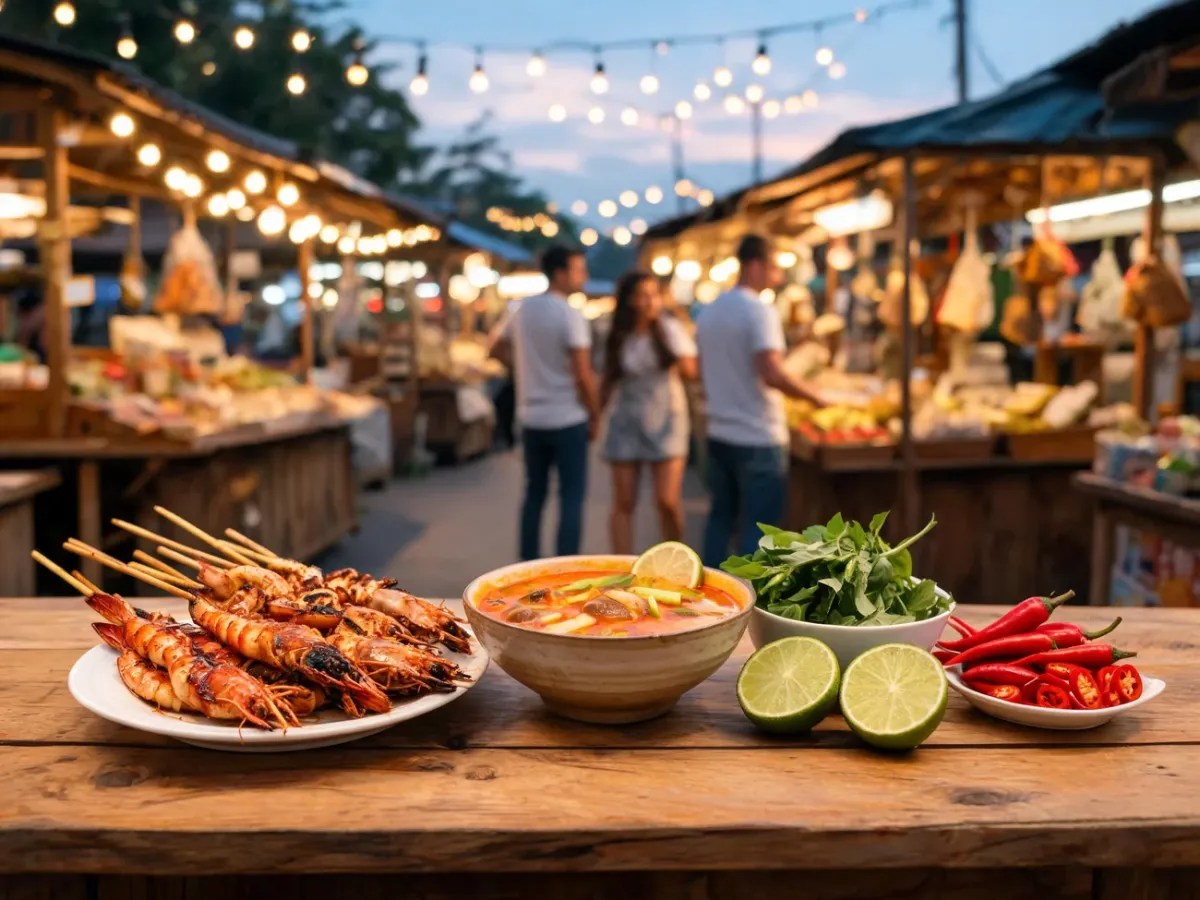 Stragan z tajskim street foodem w Pattayi: grillowane owoce morza, pikantna zupa i świeże zioła na nocnym targu.