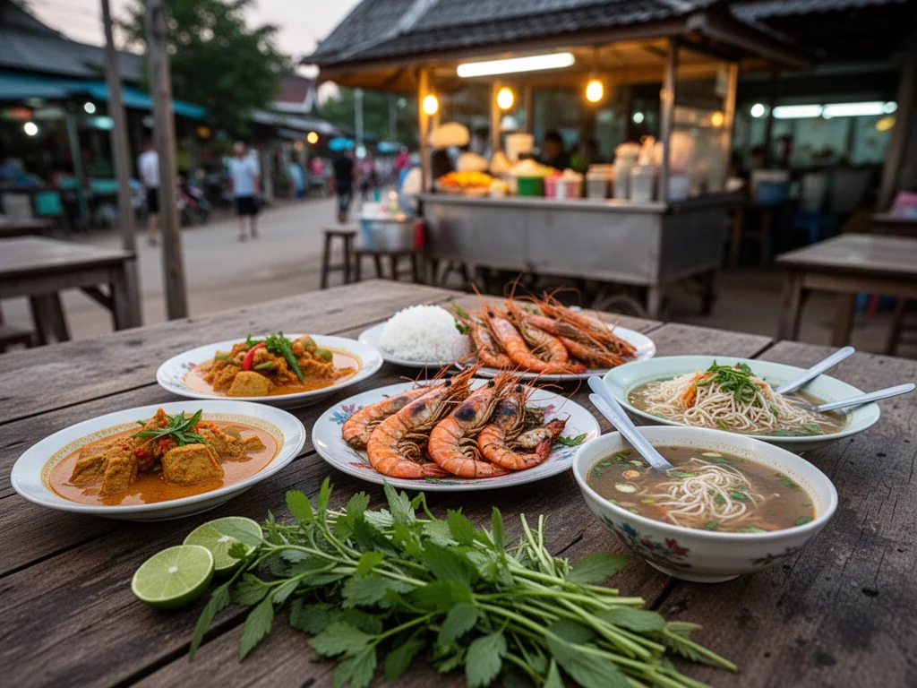 Stół w ulicznej knajpie w Nonthaburi zastawiony lokalnymi daniami: curry, krewetki rzeczne, zupa z makaronem, świeże zioła.