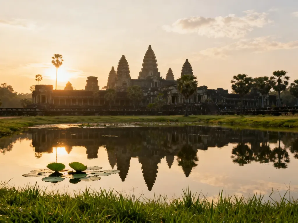 Widok na majestatyczne wieże świątyni Angkor Wat odbijające się w wodzie o wschodzie słońca.
