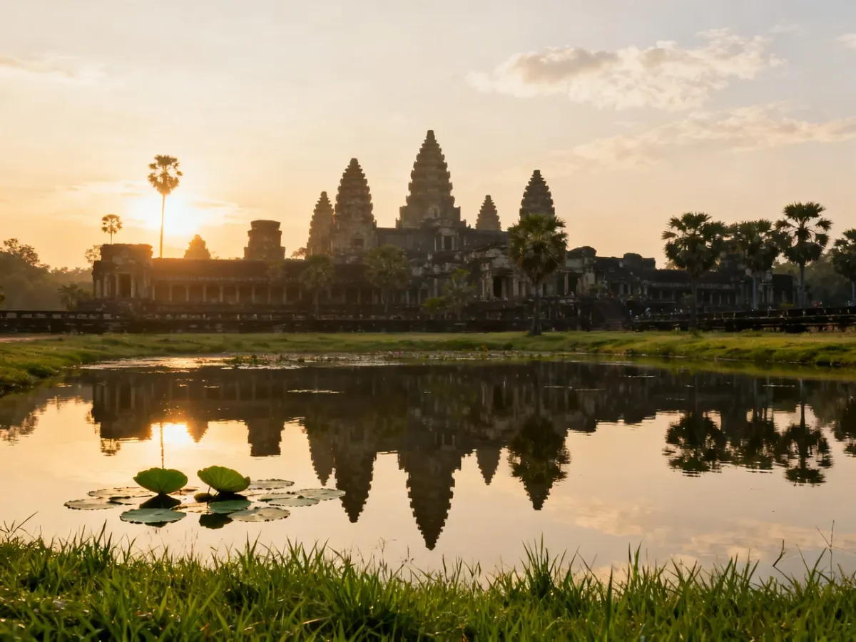Widok na majestatyczne wieże świątyni Angkor Wat odbijające się w wodzie o wschodzie słońca.