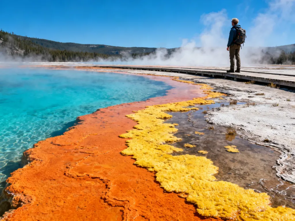 Turysta na drewnianej kładce podziwia Grand Prismatic Spring w Yellowstone z jego charakterystycznymi kolorami.