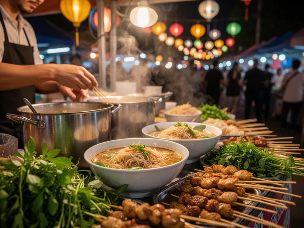 Nocne stoisko street food w Bangkoku: miski parującego makaronu, szaszłyki, świeże zioła i ciepłe światło lampionów.