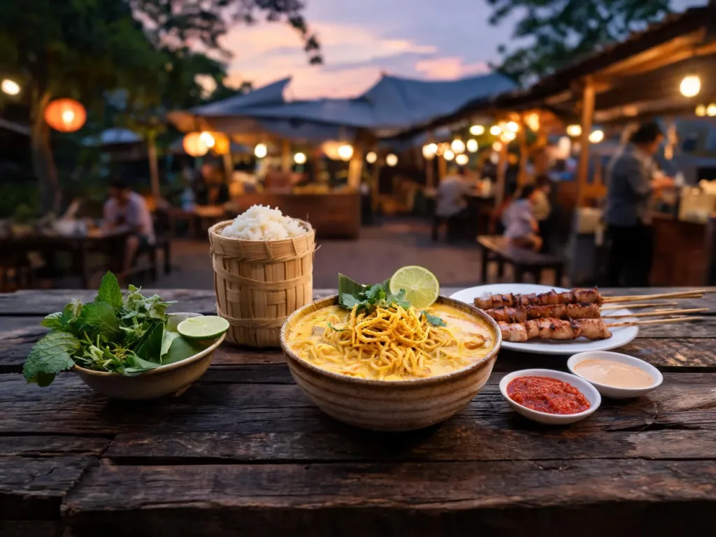 Tradycyjny stół z khao soi, kleistym ryżem i grillowanymi szaszłykami w ulicznej knajpce Chiang Rai o zmierzchu