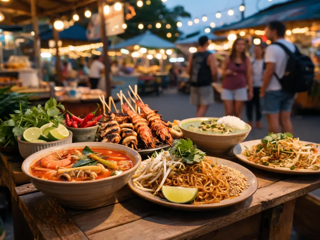 Kolorowe tajskie dania uliczne w Krabi: zupy, makarony i grillowane owoce morza na straganie nocnego marketu.