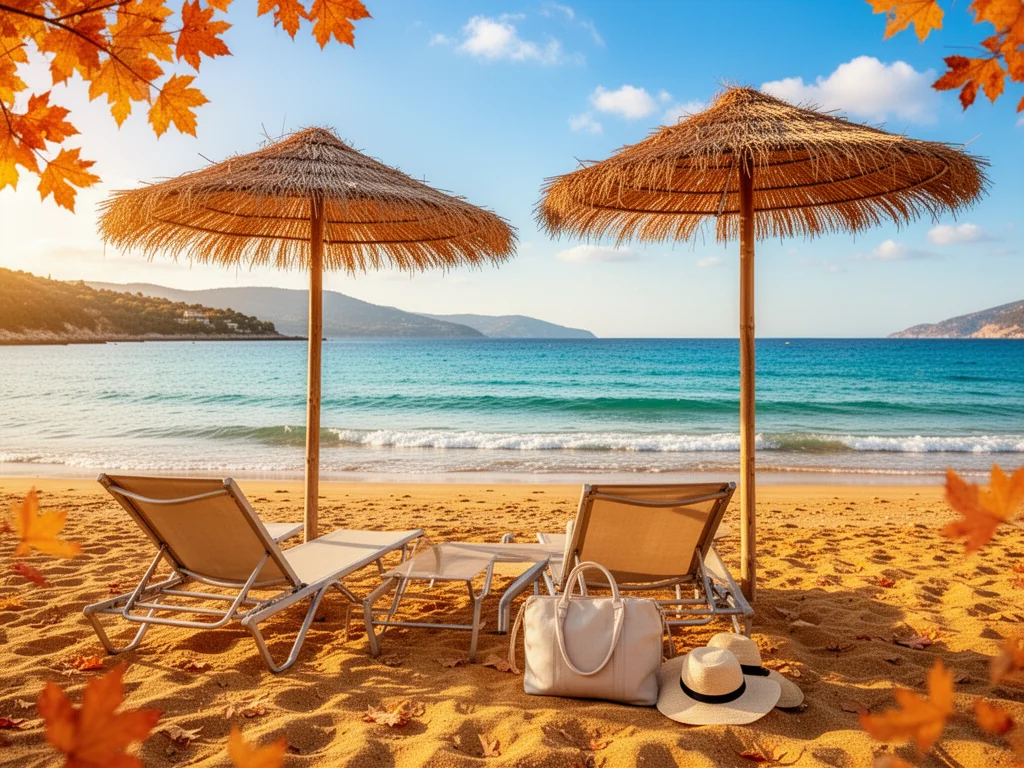 Słoneczna plaża w październiku z leżakami pod parasolem, spokojnym turkusowym morzem i zachęcającą atmosferą jesiennych wakacji.