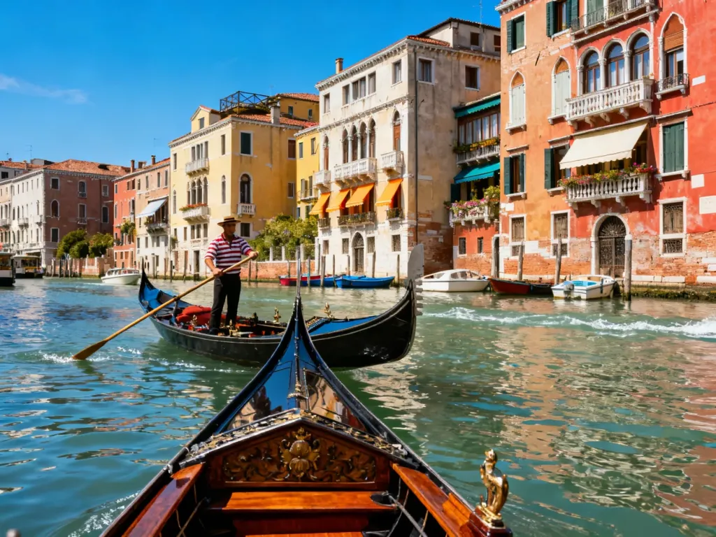 Gondola płynąca po Canale Grande w słoneczny dzień, otoczona kolorowymi kamienicami Wenecji nad wodą.