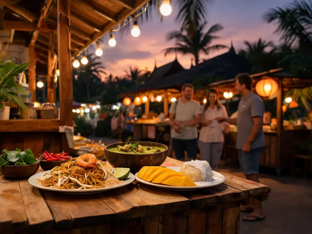 Kolorowe tajskie dania street food na straganie w Phuket, zachęcające do spróbowania lokalnych specjałów na nocnym markecie.