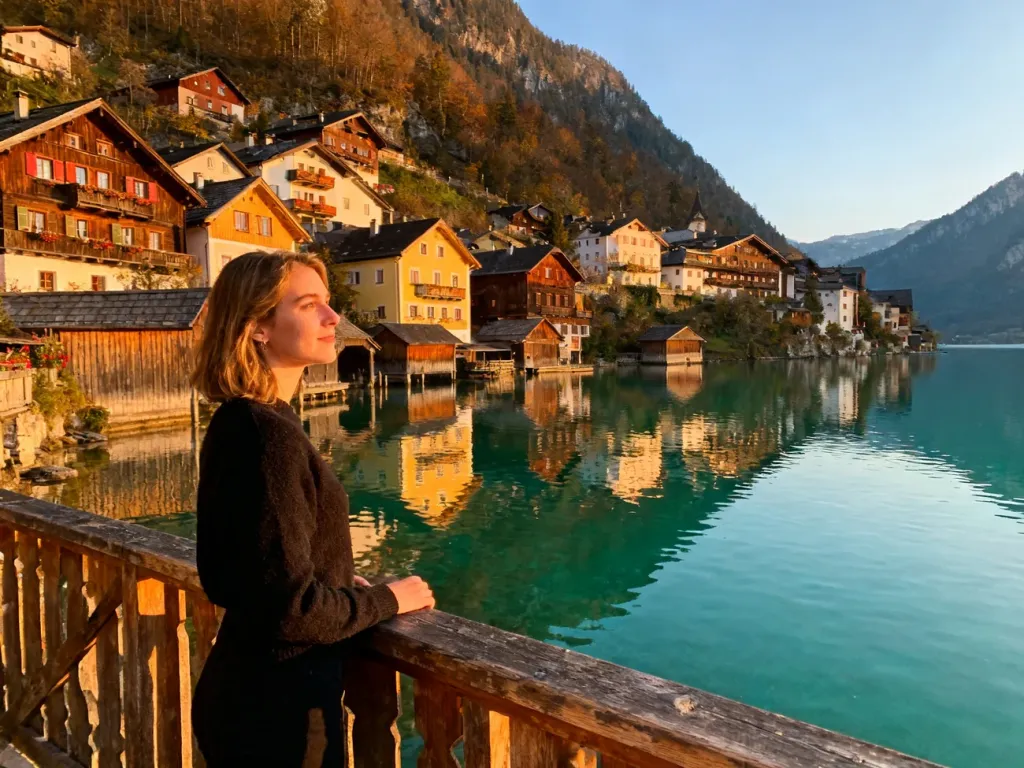 Widok na malownicze miasteczko Hallstatt o zachodzie słońca z kobietą podziwiającą panoramę jeziora i gór.