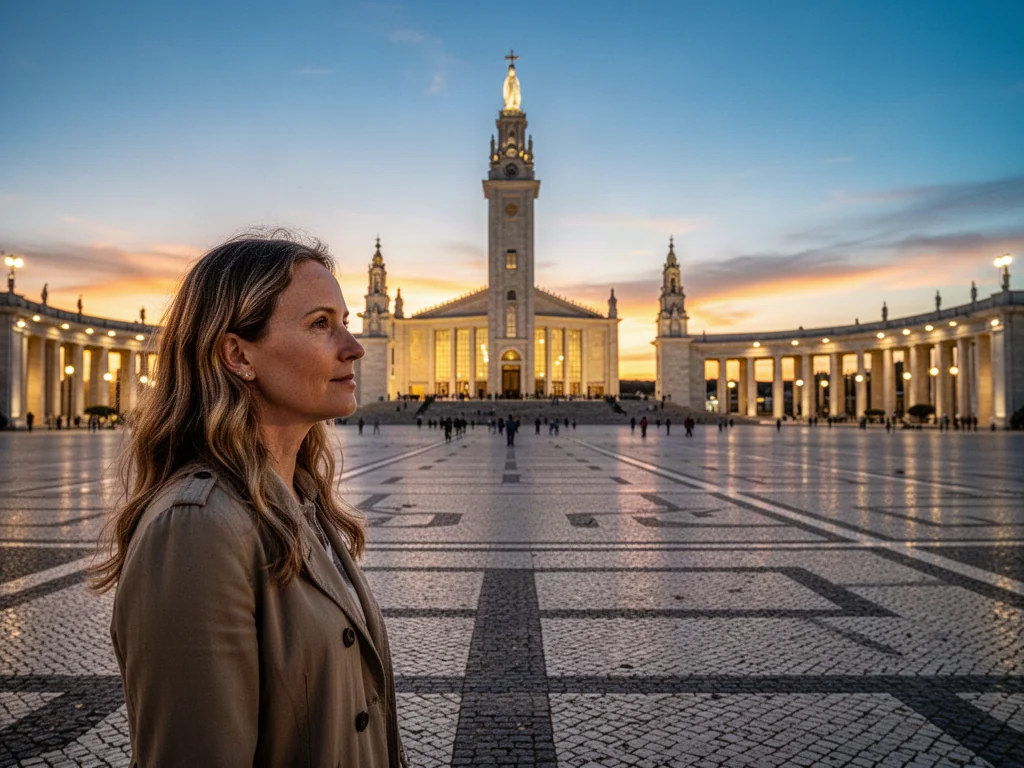 Sanktuarium Matki Bożej w Fatimie o zachodzie słońca z kobietą podziwiającą oświetloną bazylikę na głównym placu.