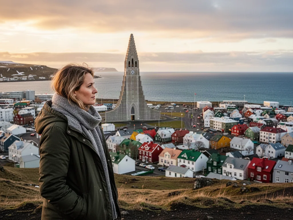 Turystka podziwia panoramę Reykjaviku z kościołem Hallgrímskirkja i oceanem w tle podczas zachodu słońca.