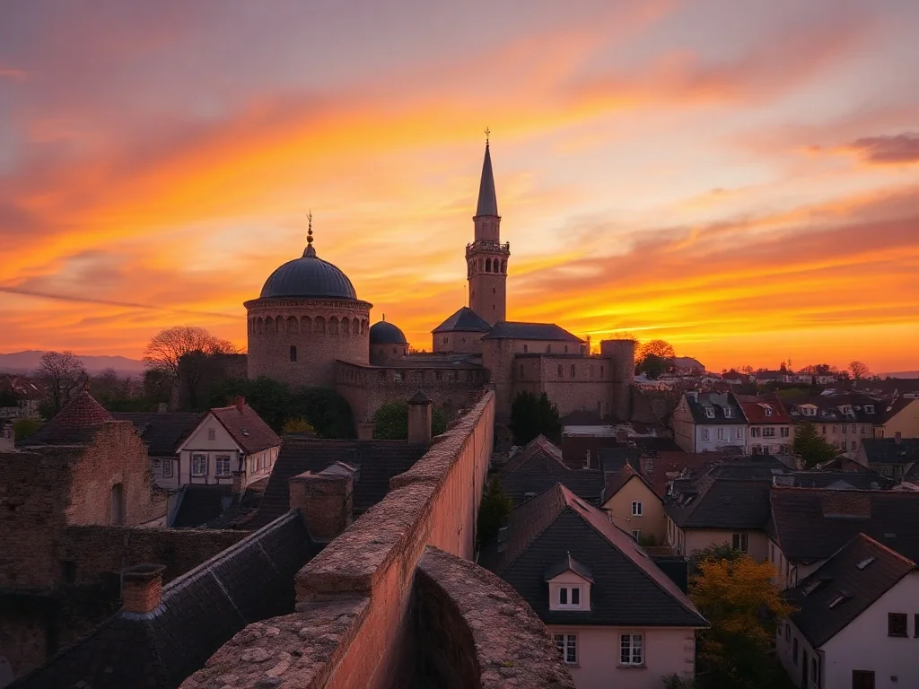 Zamek w Egerze oraz górujący nad miastem minaret w blasku zachodzącego słońca.