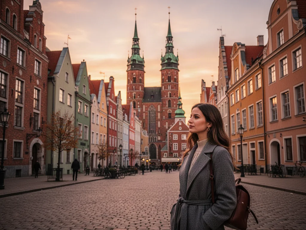 Kobieta spacerująca brukowaną uliczką na tle zabytkowej architektury Starego Miasta w Rydze podczas zachodu słońca.