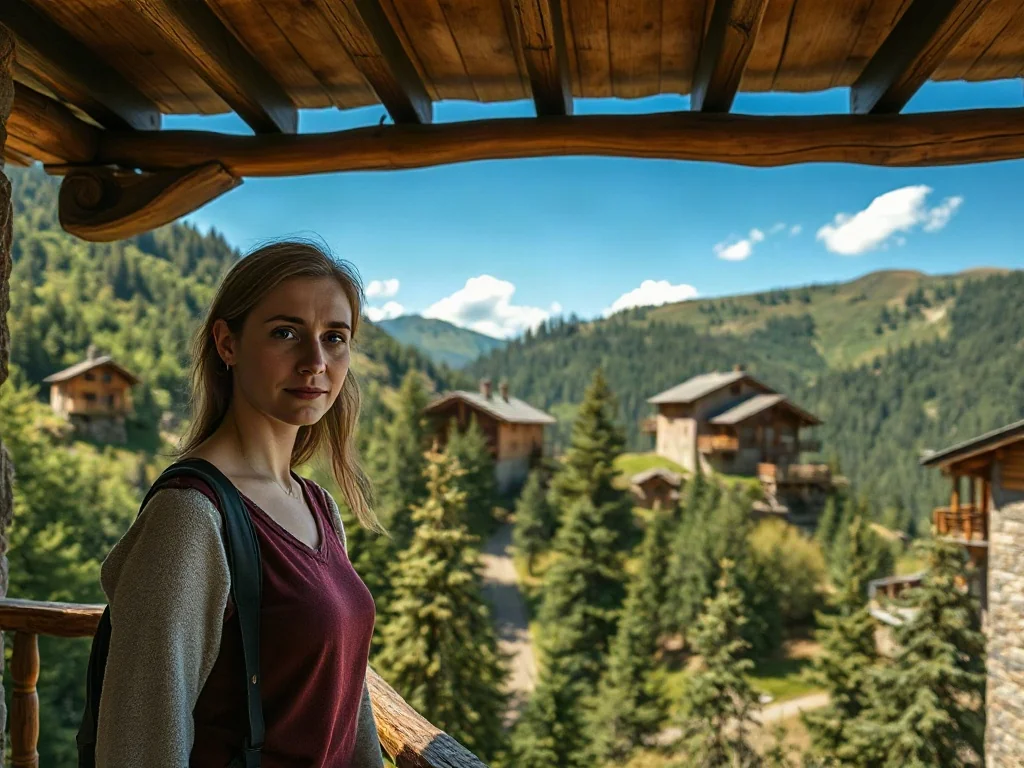 Kobieta na drewnianym balkonie podziwia malowniczą panoramę zielonych wzgórz i tradycyjną zabudowę Dilidżanu w Armenii.
