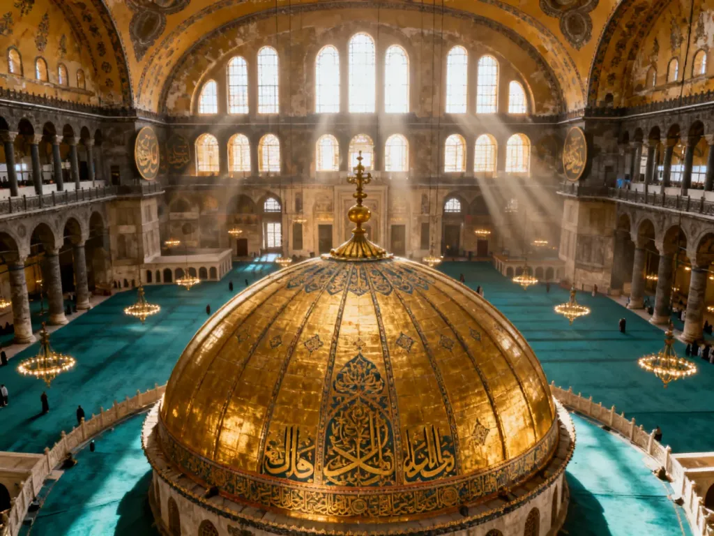 Wnętrze meczetu Hagia Sophia z monumentalną kopułą, złotymi mozaikami i światłem wpadającym przez wysokie okna.