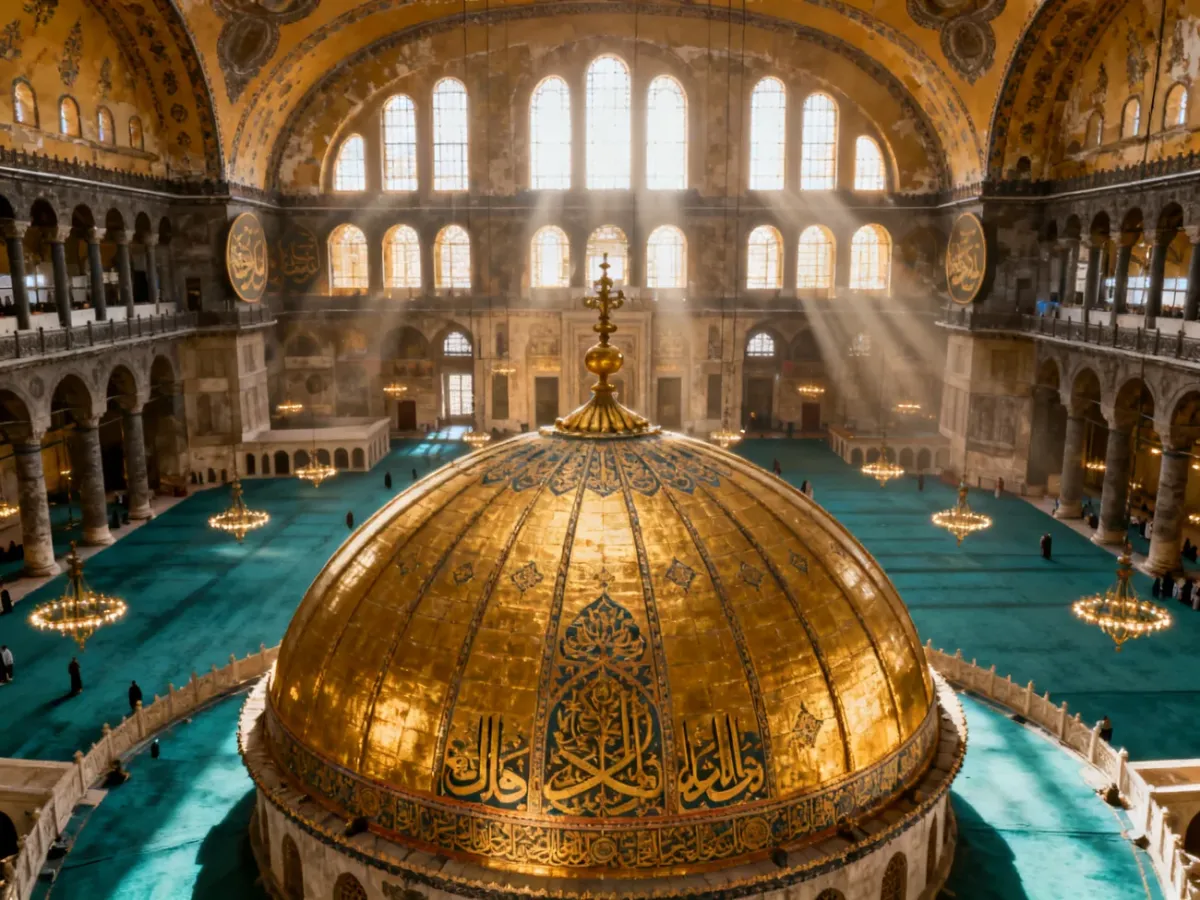 Wnętrze meczetu Hagia Sophia z monumentalną kopułą, złotymi mozaikami i światłem wpadającym przez wysokie okna.