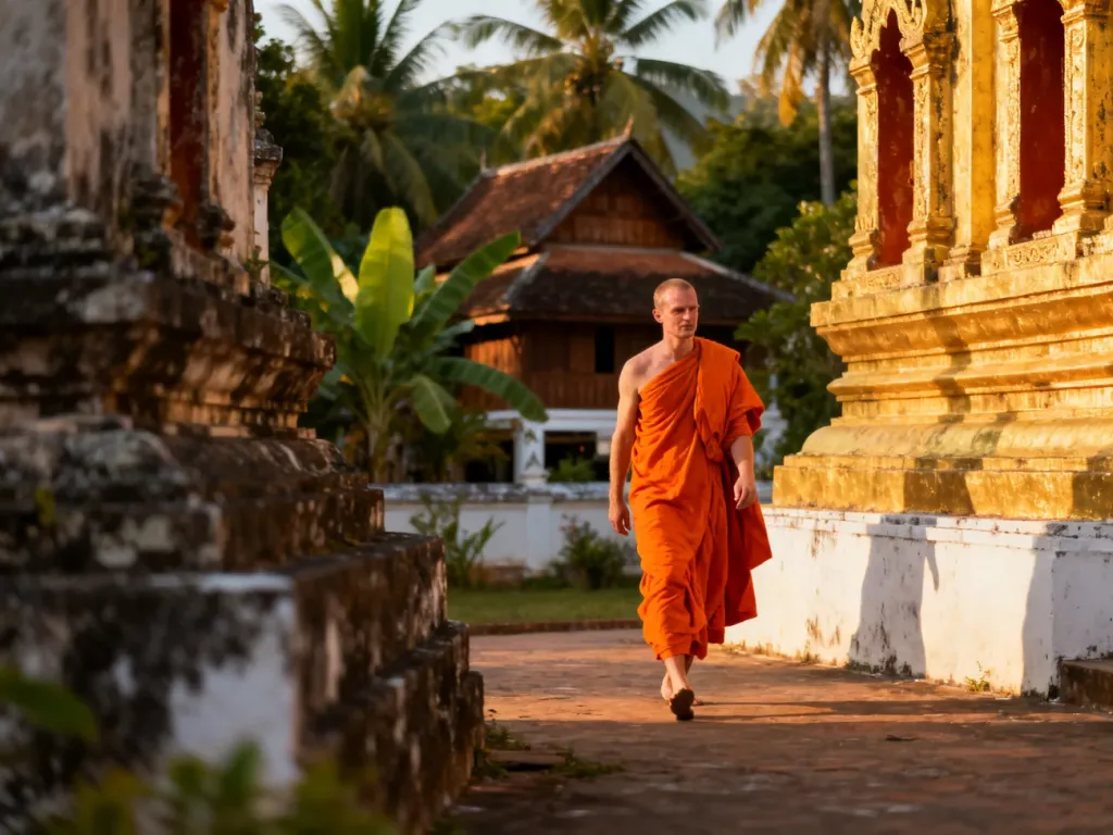 Buddyjski mnich w pomarańczowej szacie przechadza się obok złotej świątyni w Luang Prabang w świetle zachodzącego słońca.