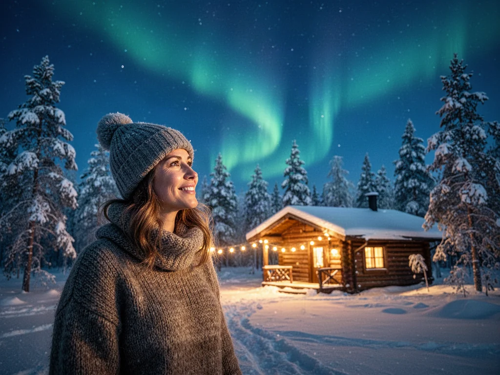 Uśmiechnięta kobieta w zimowej scenerii Rovaniemi podziwia oświetloną chatę na tle zorzy polarnej.