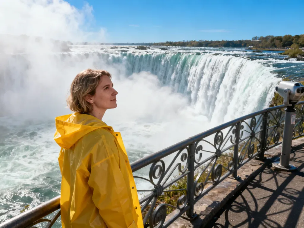 Turystka w żółtym płaszczu przeciwdeszczowym podziwia majestatyczny wodospad Niagara w słoneczny dzień.
