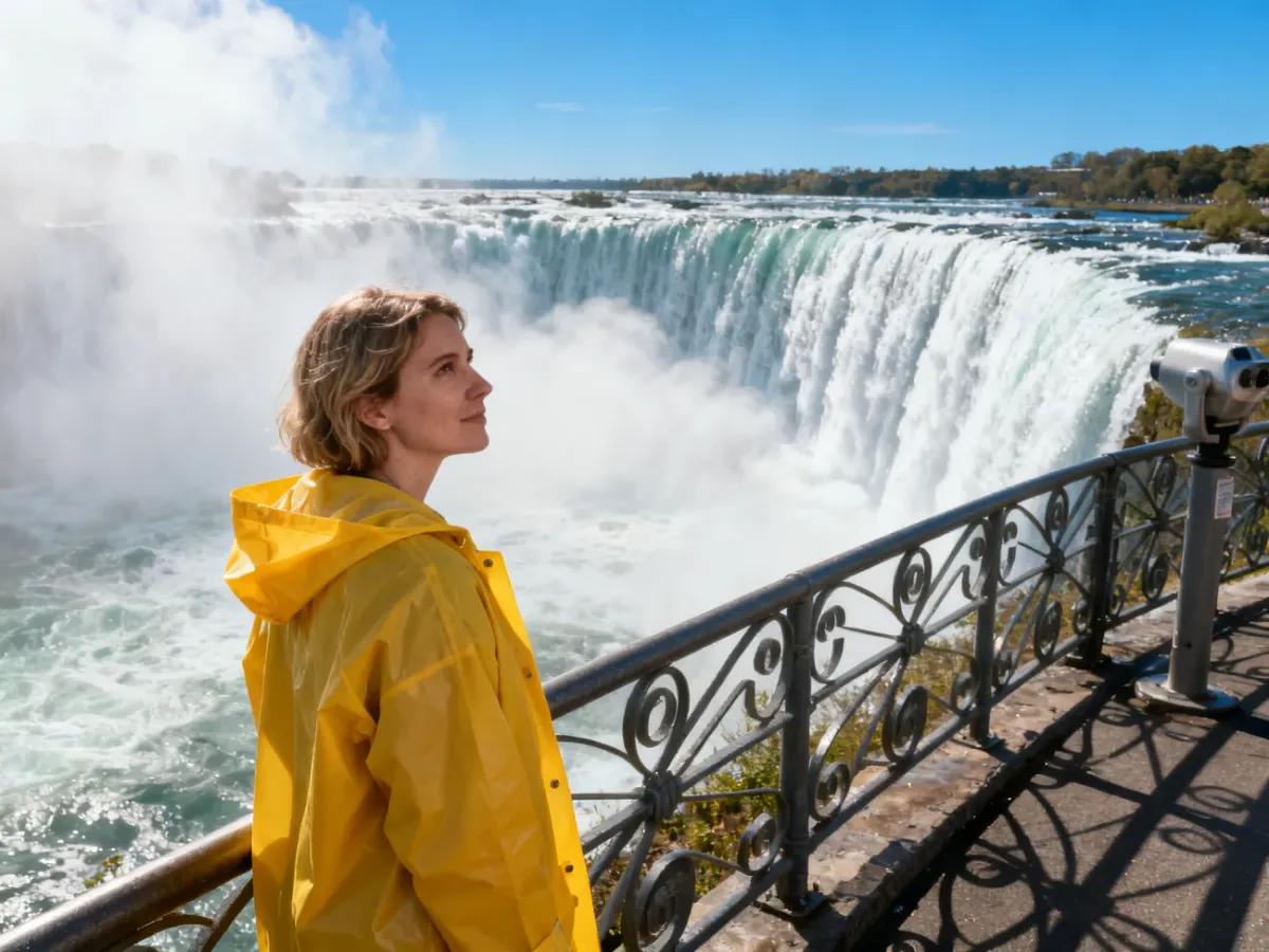 Turystka w żółtym płaszczu przeciwdeszczowym podziwia majestatyczny wodospad Niagara w słoneczny dzień.