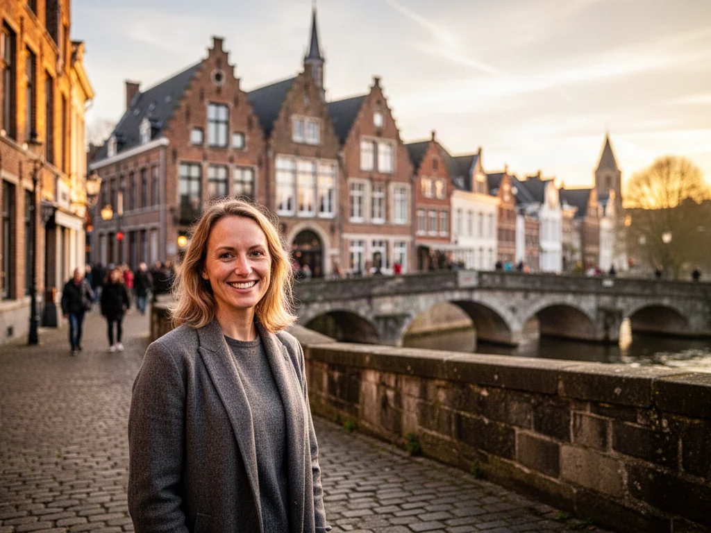 Uśmiechnięta turystka na tle zabytkowej architektury i rzeki Mozy w Maastricht podczas zachodu słońca.
