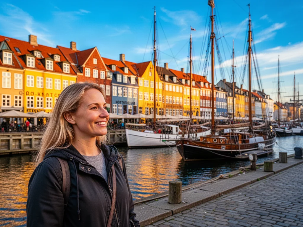 Uśmiechnięta turystka podziwia kolorowe kamienice i zabytkowe żaglówki w kopenhaskim porcie Nyhavn w świetle zachodzącego słońca.