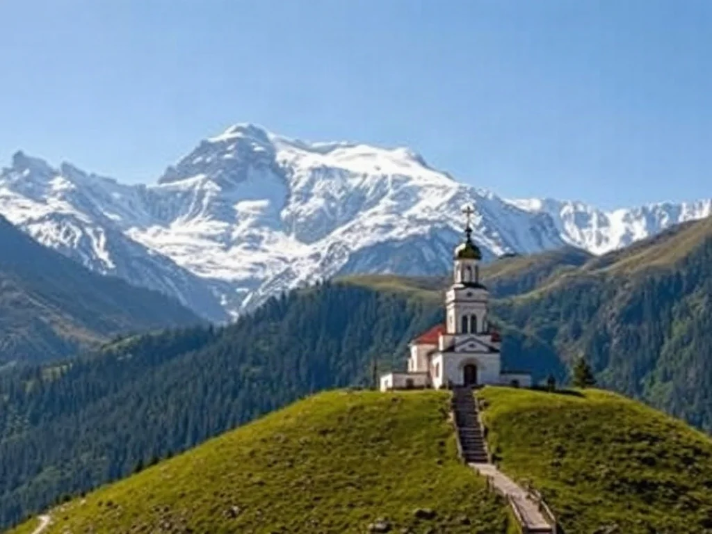Cerkiew Świętej Trójcy w Gergeti na tle majestatycznego, ośnieżonego szczytu góry Kazbek w Gruzji.
