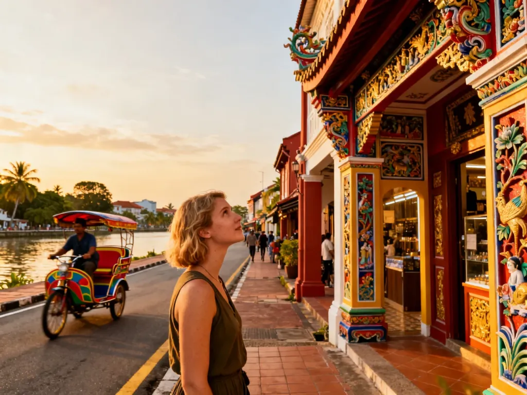 Turystka podziwia zabytkową architekturę typu Peranakan na tle tętniącej życiem ulicy w Malakce w świetle zachodzącego słońca.