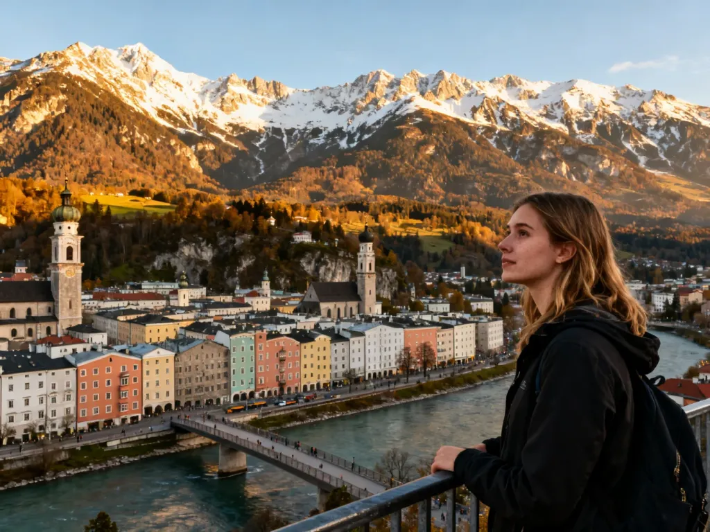 Turystka podziwiająca panoramę Innsbrucka z ośnieżonymi Alpami w tle podczas złotej godziny.