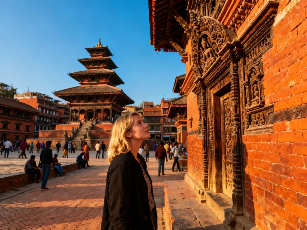Turystka podziwiająca misternie rzeźbioną fasadę świątyni na tle historycznej zabudowy Bhaktapur w Nepalu.