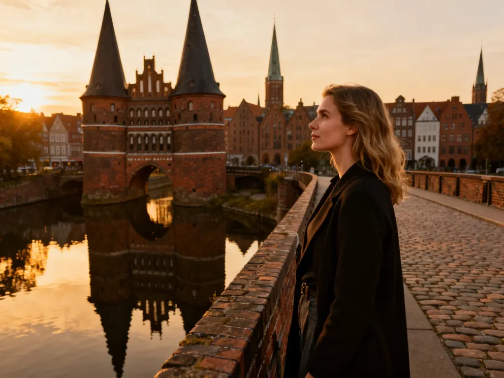 Kobieta podziwiająca zabytkową bramę Holstentor w Lubece o zachodzie słońca. Widok na średniowieczną architekturę miasta.