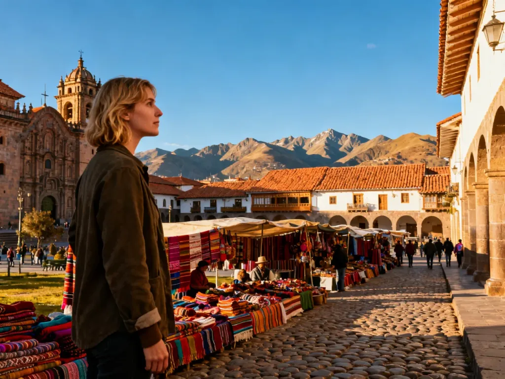Turystka podziwiająca lokalne rękodzieło na tle zabytkowej architektury Cusco i majestatycznych Andów.
