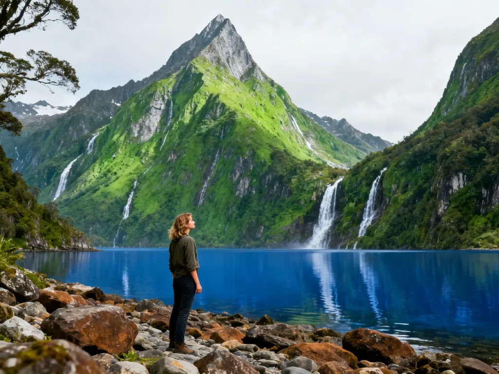 Turystka podziwiająca majestatyczny szczyt Mitre Peak nad wodami Milford Sound w Nowej Zelandii.
