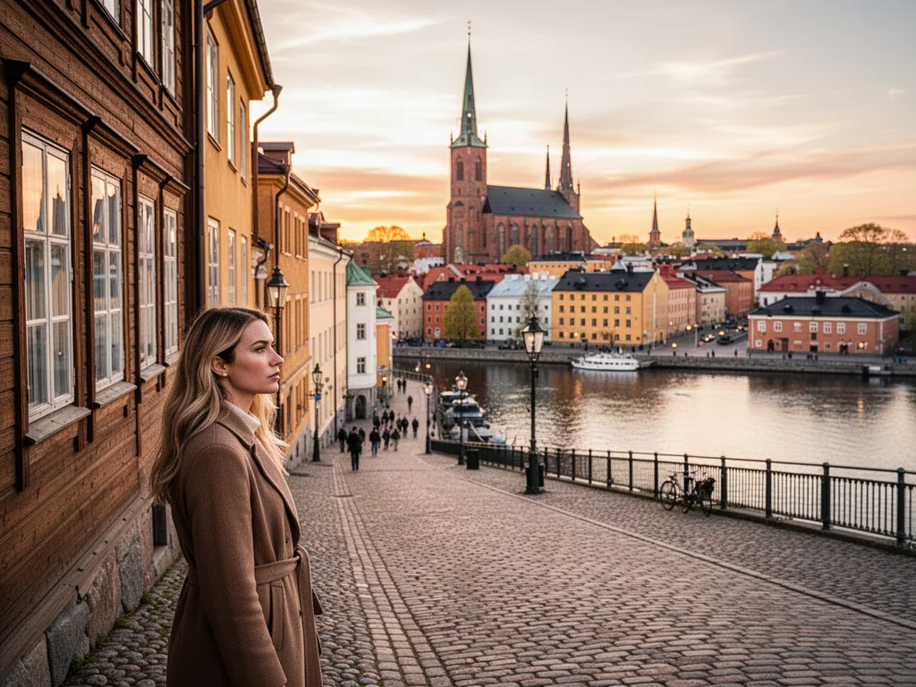 Kobieta podziwiająca panoramę Turku z widokiem na rzekę Aurę i zabytkową katedrę w świetle zachodzącego słońca.