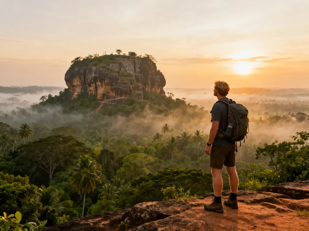 Turysta podziwiający wschód słońca nad majestatyczną skałą Sigiriya otoczoną mglistą dżunglą.