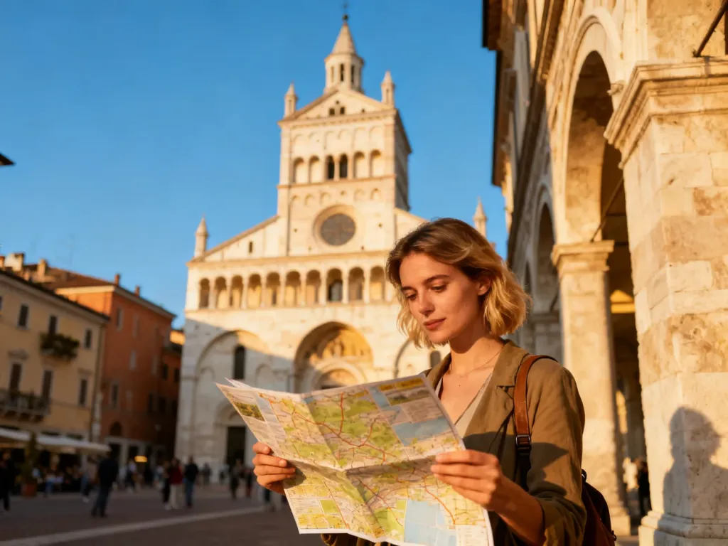 Turystka z mapą na tle słonecznej ulicy i katedry Duomo w Modenie. Idealne miejsce na spacer podczas włoskich wakacji.