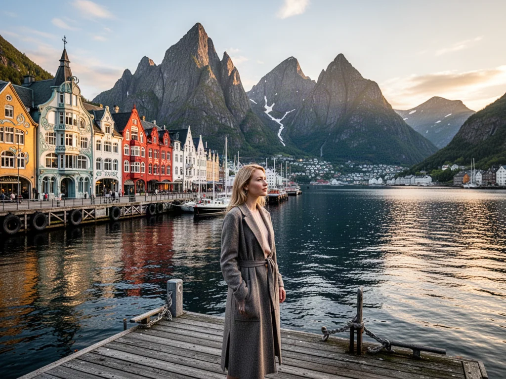 Turystka podziwiająca malowniczy port w Ålesund z charakterystyczną architekturą secesyjną i fiordami w tle.