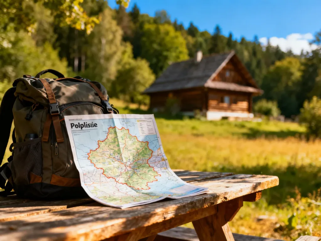 Plecak turystyczny i mapa Podlasia na drewnianym stole na tle lasu i tradycyjnego domu, zachęcające do podróży po regionie.