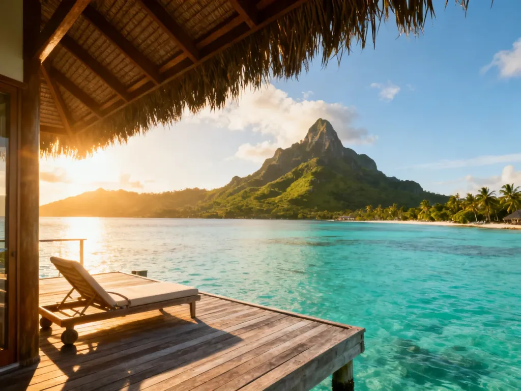 Luksusowy bungalow na palach nad turkusową laguną w Bora Bora z widokiem na majestatyczną górę Otemanu.