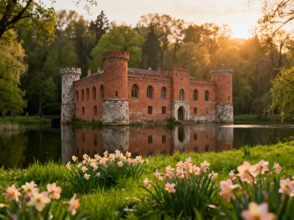 Renesansowy zamek na wodzie w Wojnowicach otoczony fosą, z odbiciem zabytkowej architektury w tafli wody.