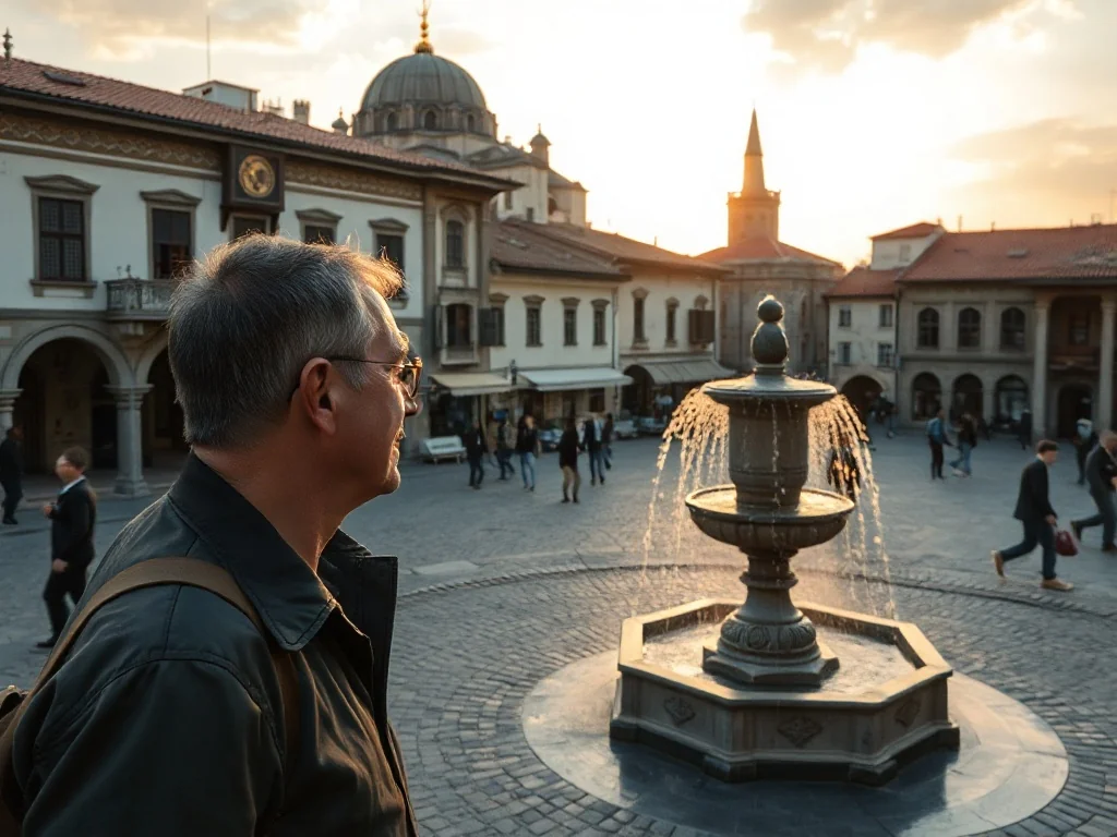 Turysta podziwiający historyczną fontannę Sebilj na placu Baščaršija w Sarajewie w świetle zachodzącego słońca.