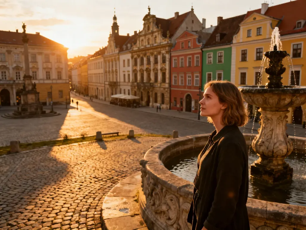 Kobieta podziwiająca zabytkowy rynek w Görlitz o zachodzie słońca, otoczony kolorowymi kamienicami w stylu renesansowym.