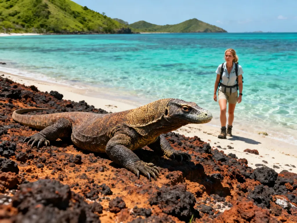 Turystka obserwuje warana z Komodo odpoczywającego na piaszczystej plaży z widokiem na turkusowe morze.