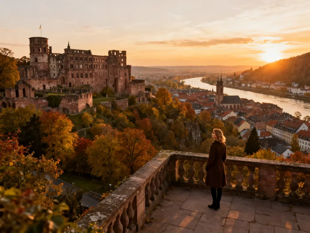 Kobieta podziwiająca panoramę Heidelbergu z ruin zamku nad rzeką Neckar w świetle zachodzącego słońca.
