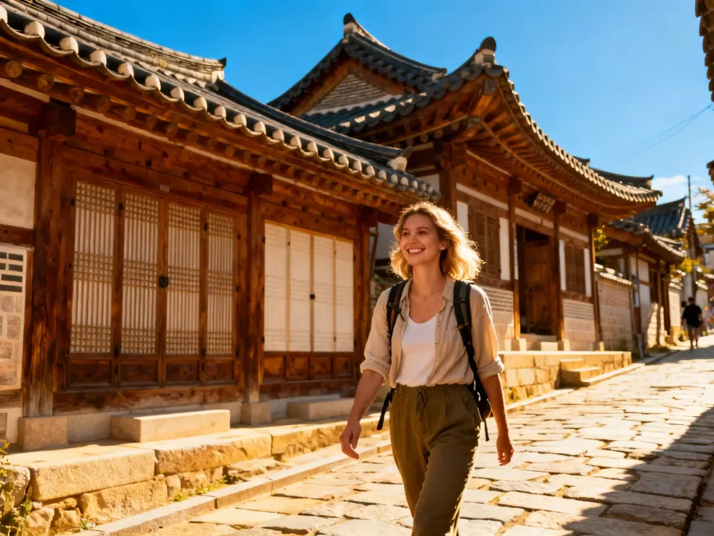 Turystka spacerująca brukowaną uliczką wśród tradycyjnych koreańskich domów hanok w Jeonju w słoneczny dzień.