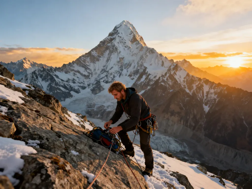 Alpinista przygotowujący sprzęt na tle ośnieżonego szczytu Mount Everest podczas zachodu słońca w Himalajach.