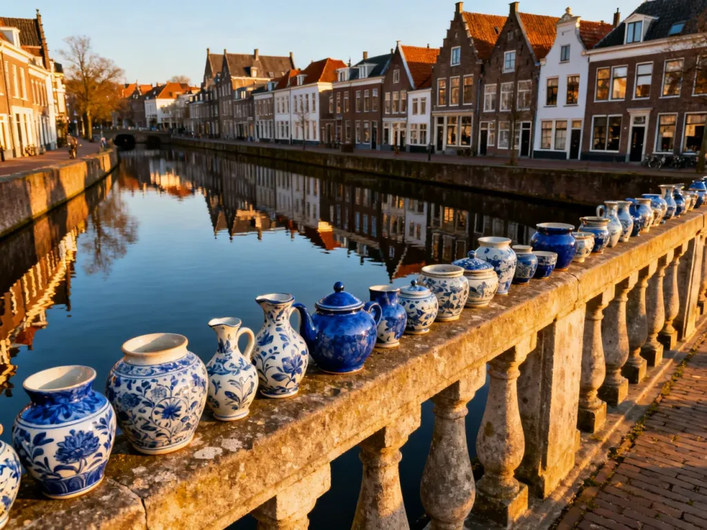 Malowniczy kanał w Delft z tradycyjną niebieską ceramiką na pierwszym planie i zabytkowymi kamienicami w tle.