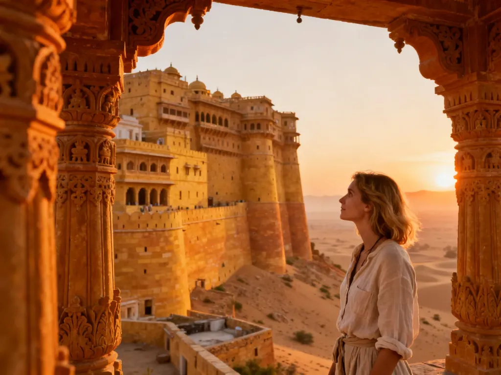 Turystka podziwiająca majestatyczny fort w Jaisalmer o zachodzie słońca na tle pustyni Thar.