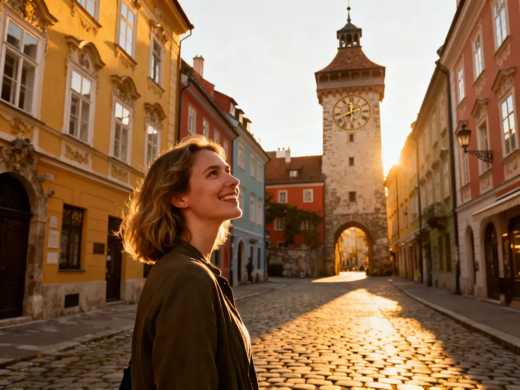 Turystka uśmiecha się na tle zabytkowej wieży zegarowej Schlossberg i barokowej architektury w centrum Grazu.