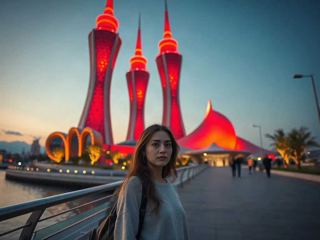 Oświetlone wieżowce Flame Towers w Baku o zmierzchu, obserwowane przez turystkę z nowoczesnej promenady.